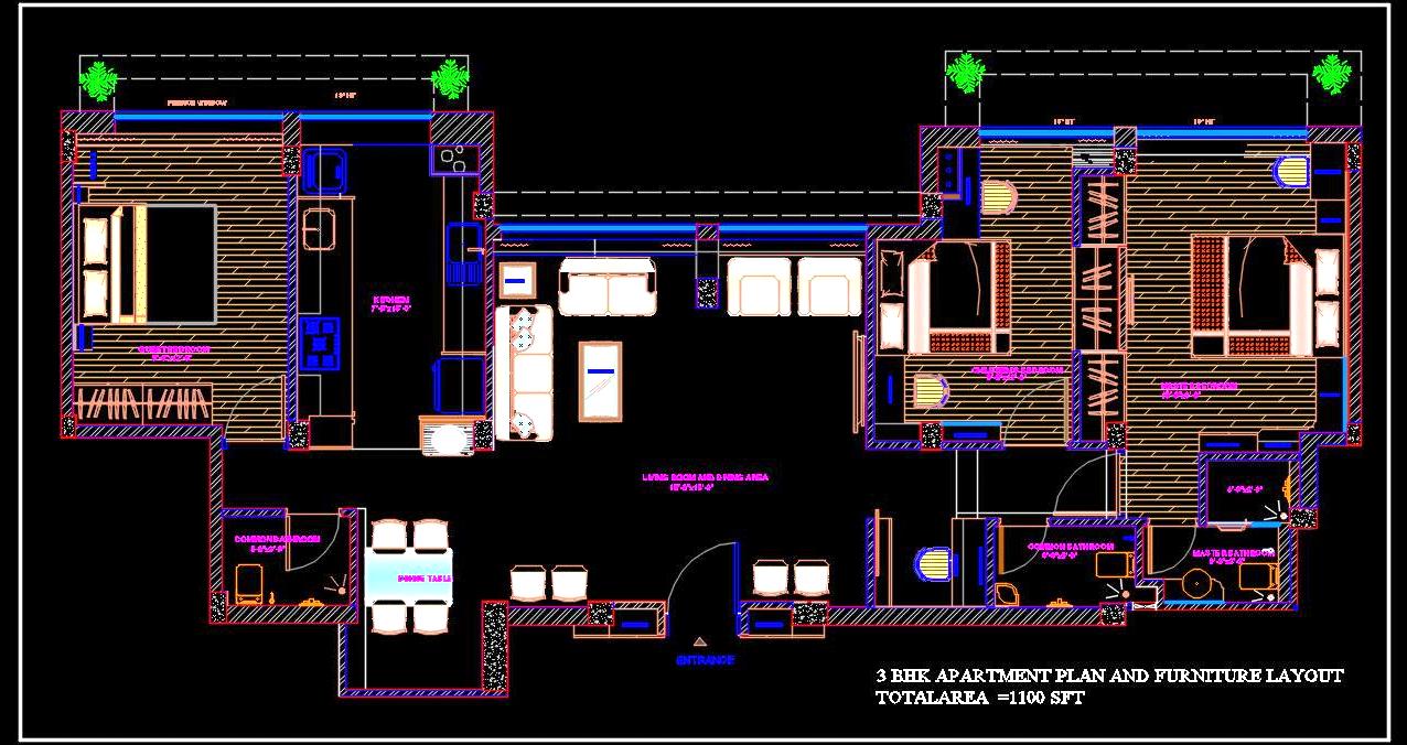 3 BHK Apartment Layout in 1100 sq. ft. - Autocad Drawing